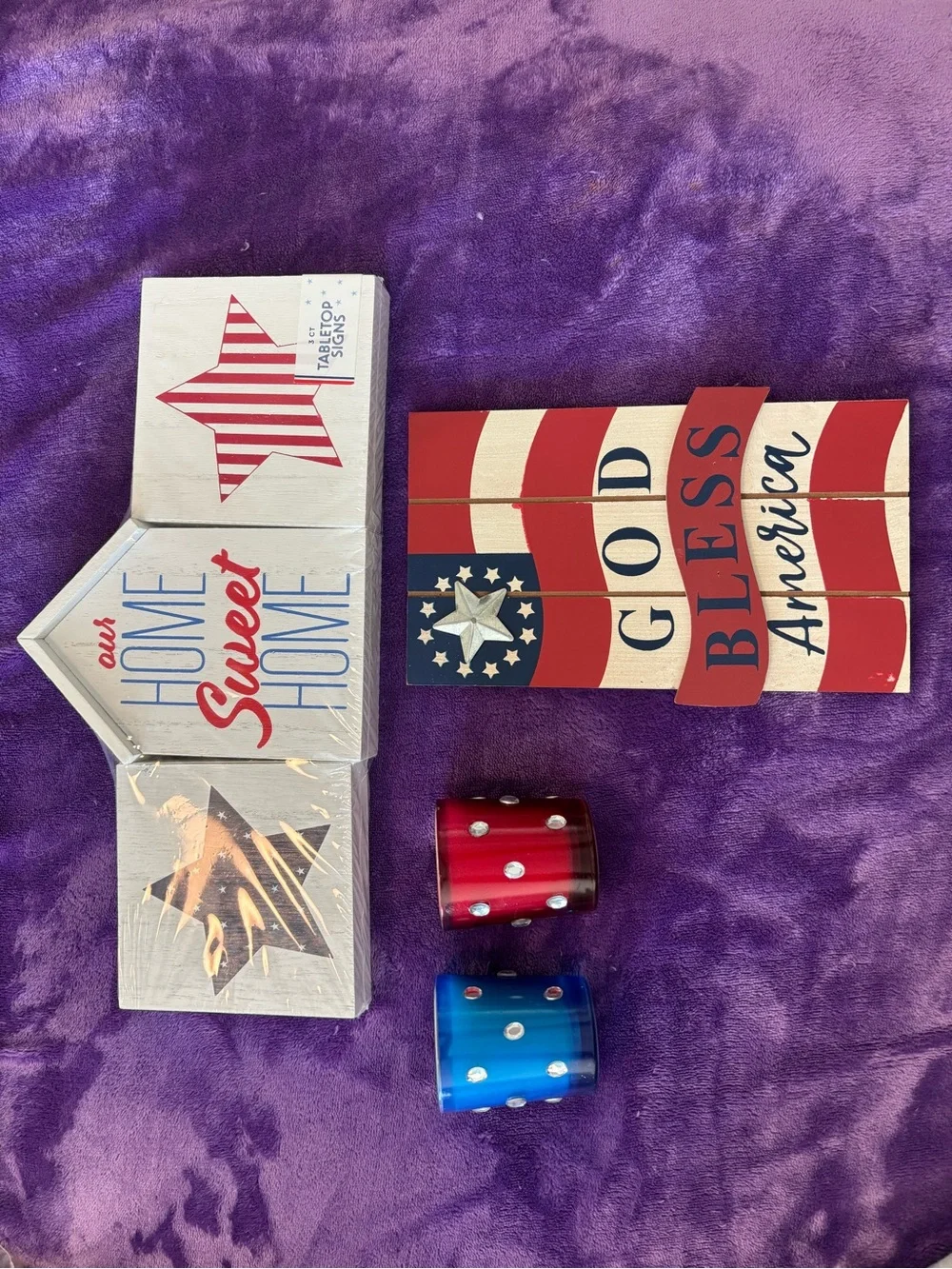 God Bless America Plaque with Red and Blue Candles